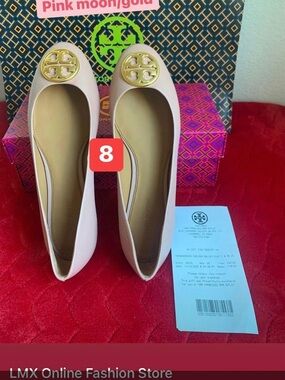 Tory Burch Pink Moon Chelsea Flats with Gold Logo Emblem